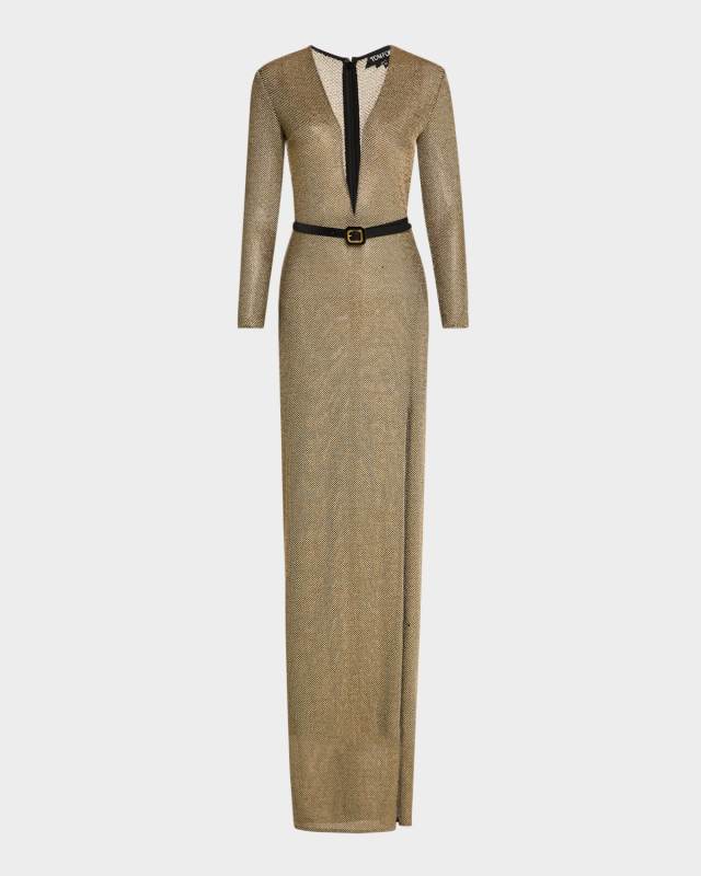 Plunging Long-Sleeve Metallic Knit Slit Gown